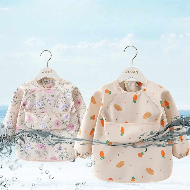 1PC Child Feeding Bib Waterproof Long Sleeve Apron Rice Pocket Feeding Blouse Toddler Bibs Children's Summer Thin Feeding Smock - Image 2