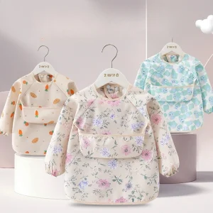 1PC Child Feeding Bib Waterproof Long Sleeve Apron Rice Pocket Feeding Blouse Toddler Bibs Children's Summer Thin Feeding Smock