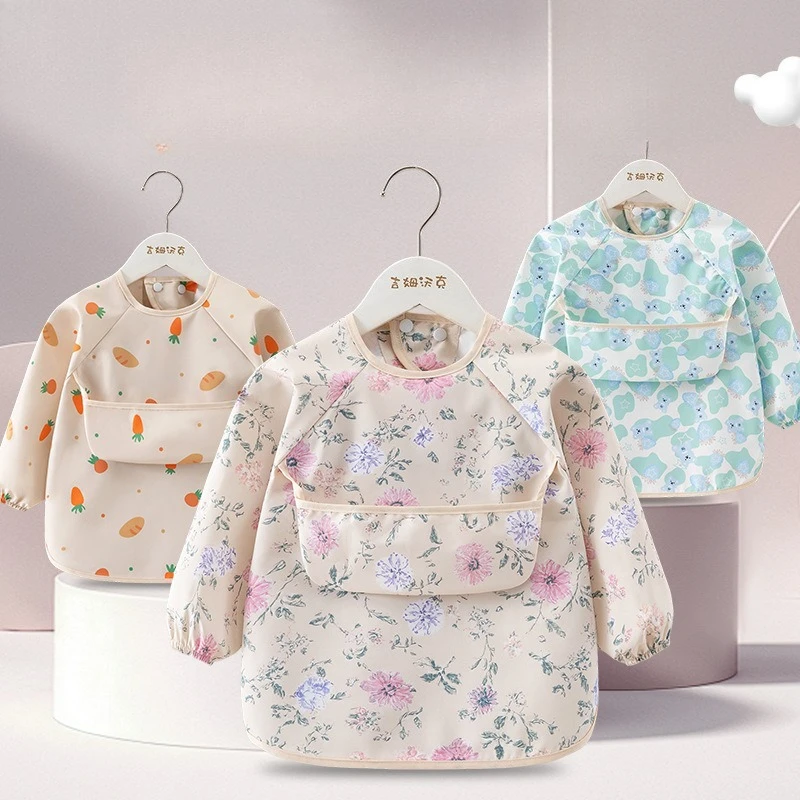 1PC Child Feeding Bib Waterproof Long Sleeve Apron Rice Pocket Feeding Blouse Toddler Bibs Children's Summer Thin Feeding Smock