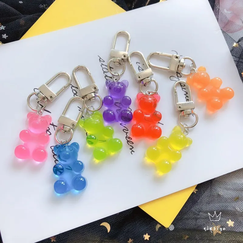 1PC Cute Girls Resin Gummy Bear Keychain For Woman Candy Color Animal Bear Key Chain Earphone Cover Jewelry Party Friends Gifts - Image 5