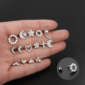 1PC Stainless Steel Earrings For Women Crystal Zircon Ear Studs Earrings Star Moon Flower Tragus Cartilage Piercing Jewelry