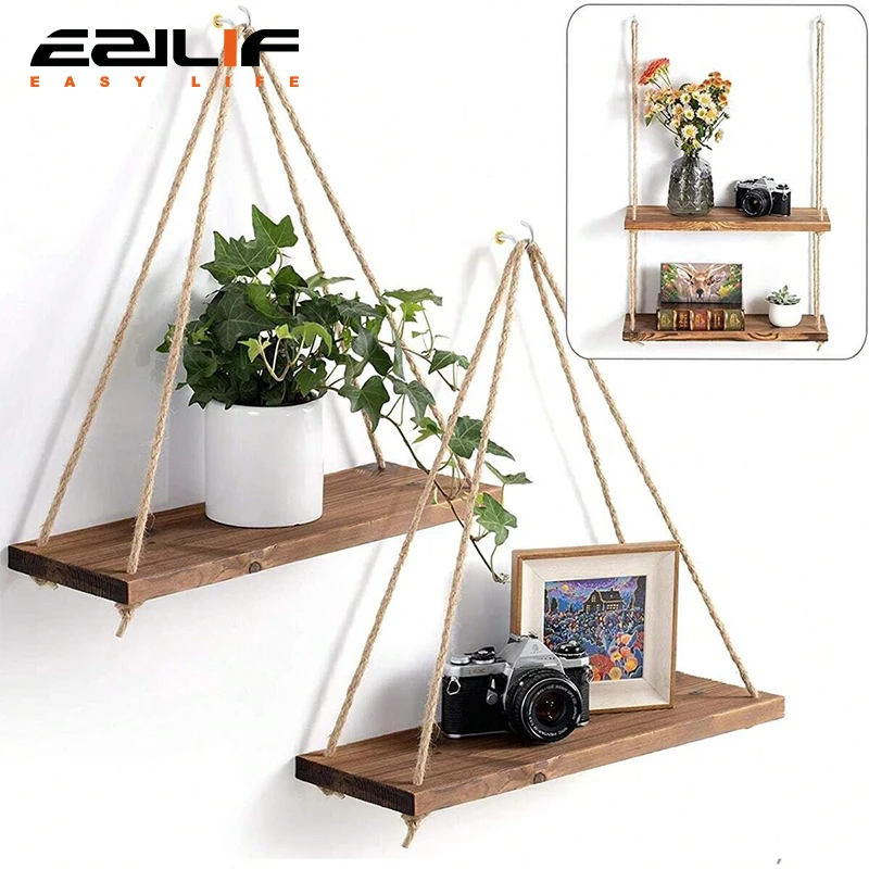 1PC Wooden Swing Hanging Hemp Rope Wall Shelve Mounted Floating Home Living Room Plant Flower Pot Tray Storage Garden Decoration - Image 3
