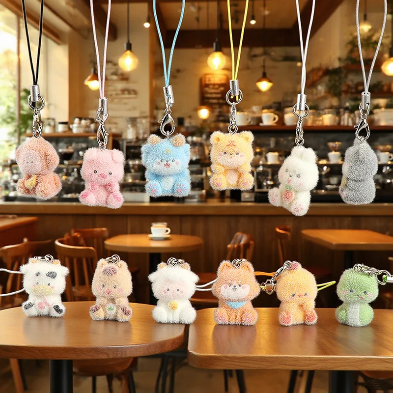 1PCS Flocking Animal Dog Cat Pendant Cute Keychain Keyring Bag Car Keychain Decor Keychains Accessories Phone Chain Lanyard - Image 2