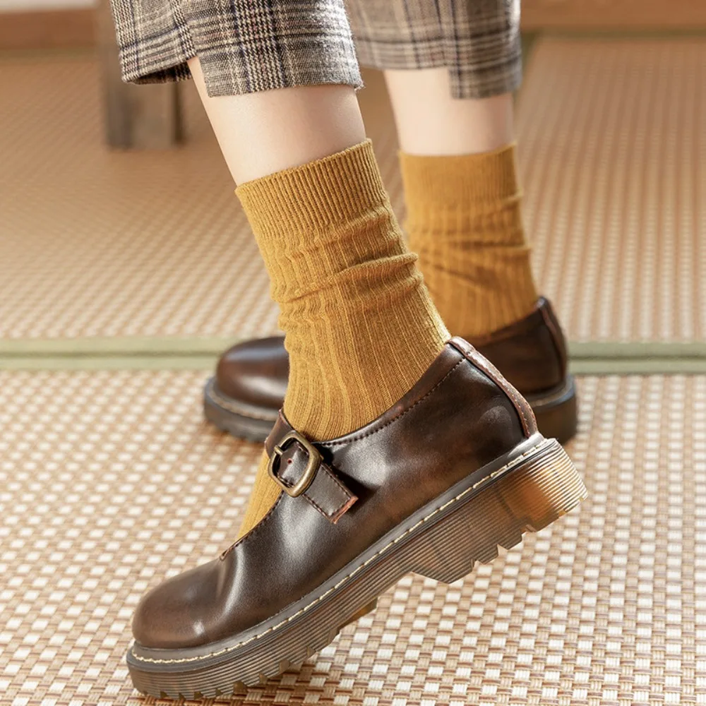 1Pairs Retro Women Cotton Loose Socks Autumn Winter Knitting Socks Solid Color Long Black Pink Sock Student Girls Sock Meias 양말 - Image 2