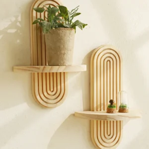 1Pc Boho Style Wooden Wall Shelves - Geometric Wall Mounted Shelves, Natural Wood Finish, Modern Home Decor, Plant Decorative