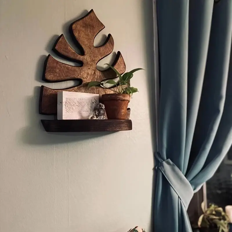 1Pc Simple Wooden Decorative Wall Shelf Natural Wood Finish Small Storage Rack for Home Decoration Small Plants - Image 2