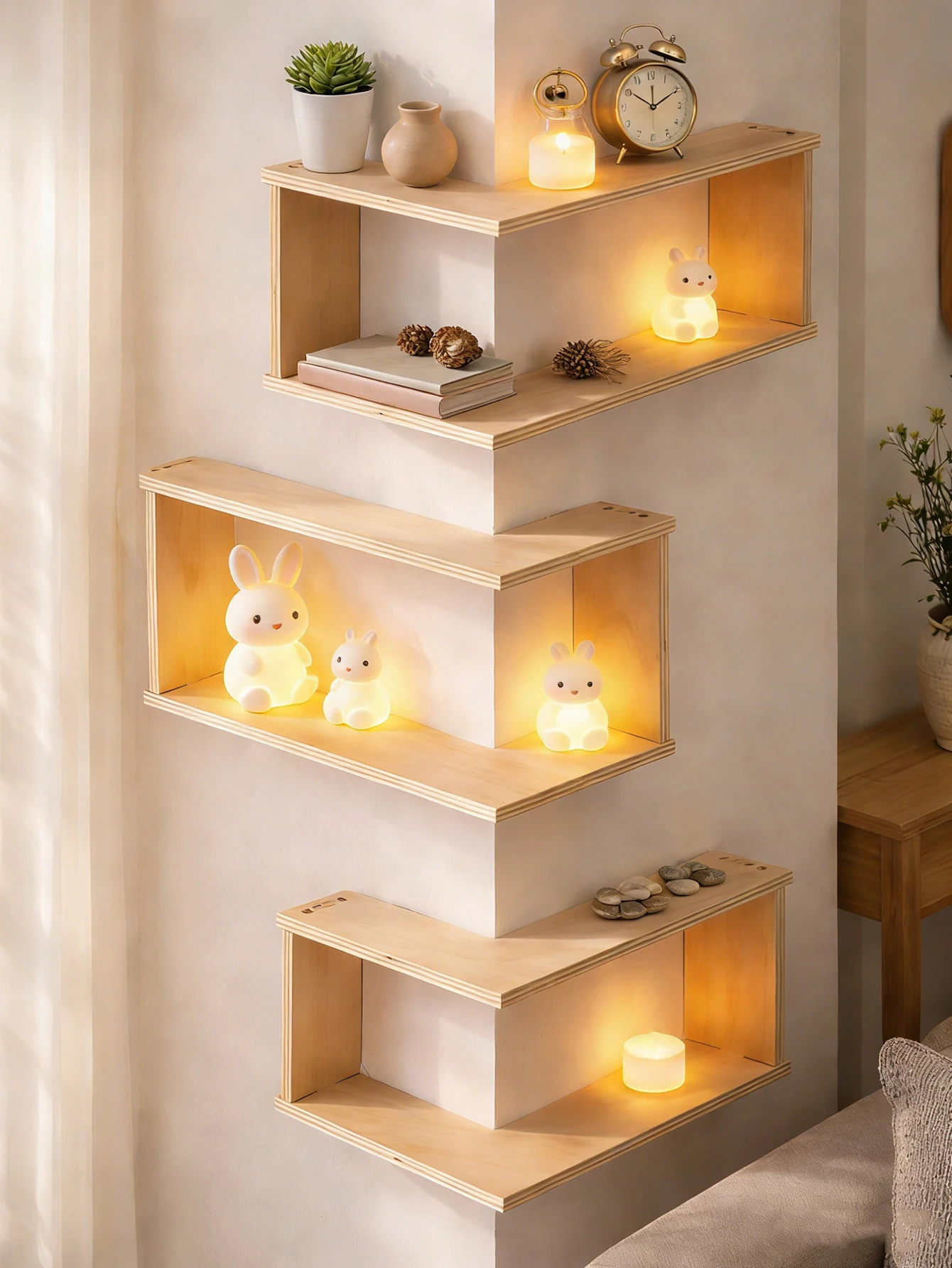 1pc Corner Floating Wooden Shelves Wall Mounted Storage Rack for Living Room Bedroom Home Organizer for Plant & Ornament Display - Image 2