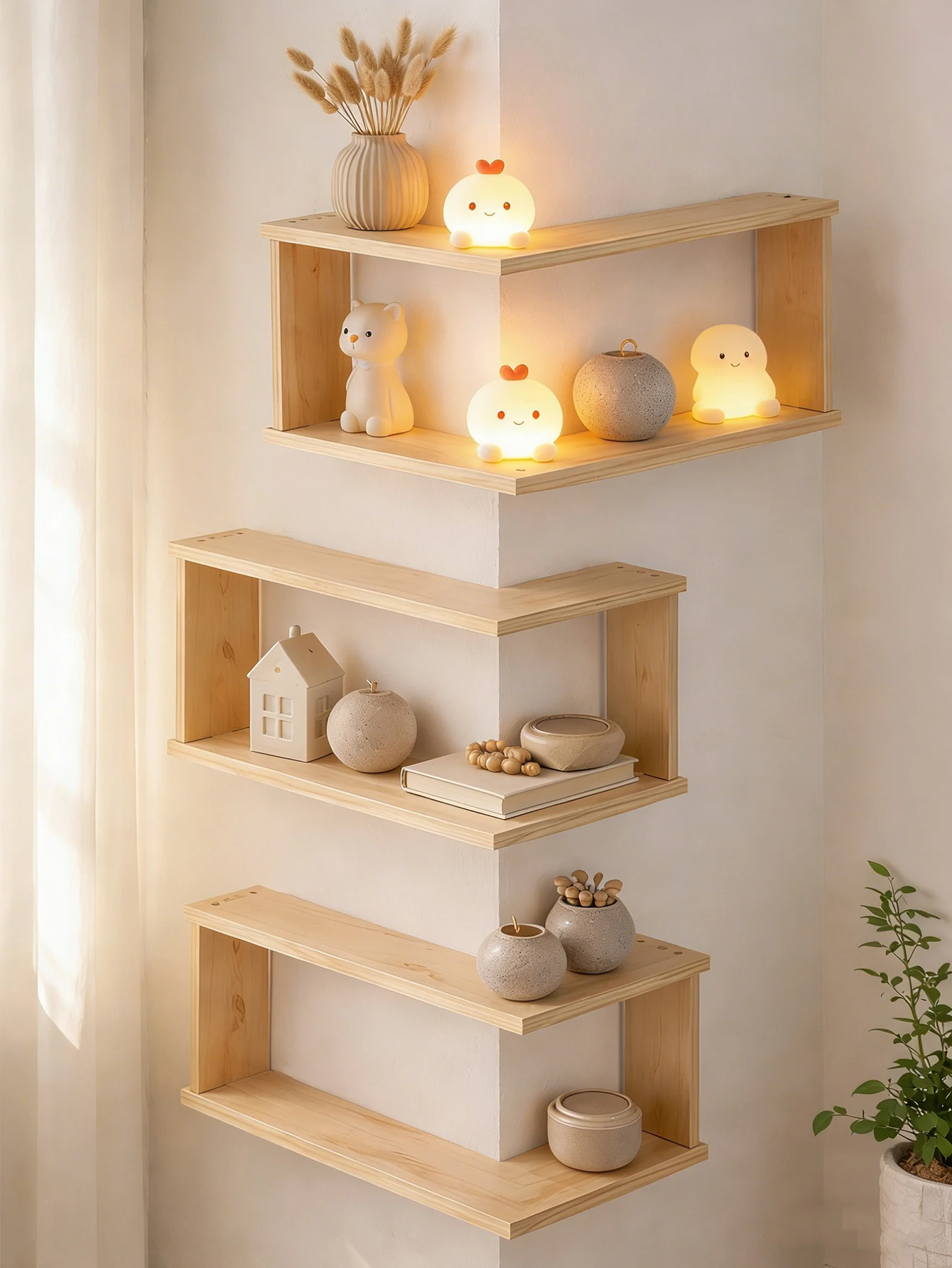 1pc Corner Floating Wooden Shelves Wall Mounted Storage Rack for Living Room Bedroom Home Organizer for Plant & Ornament Display - Image 3