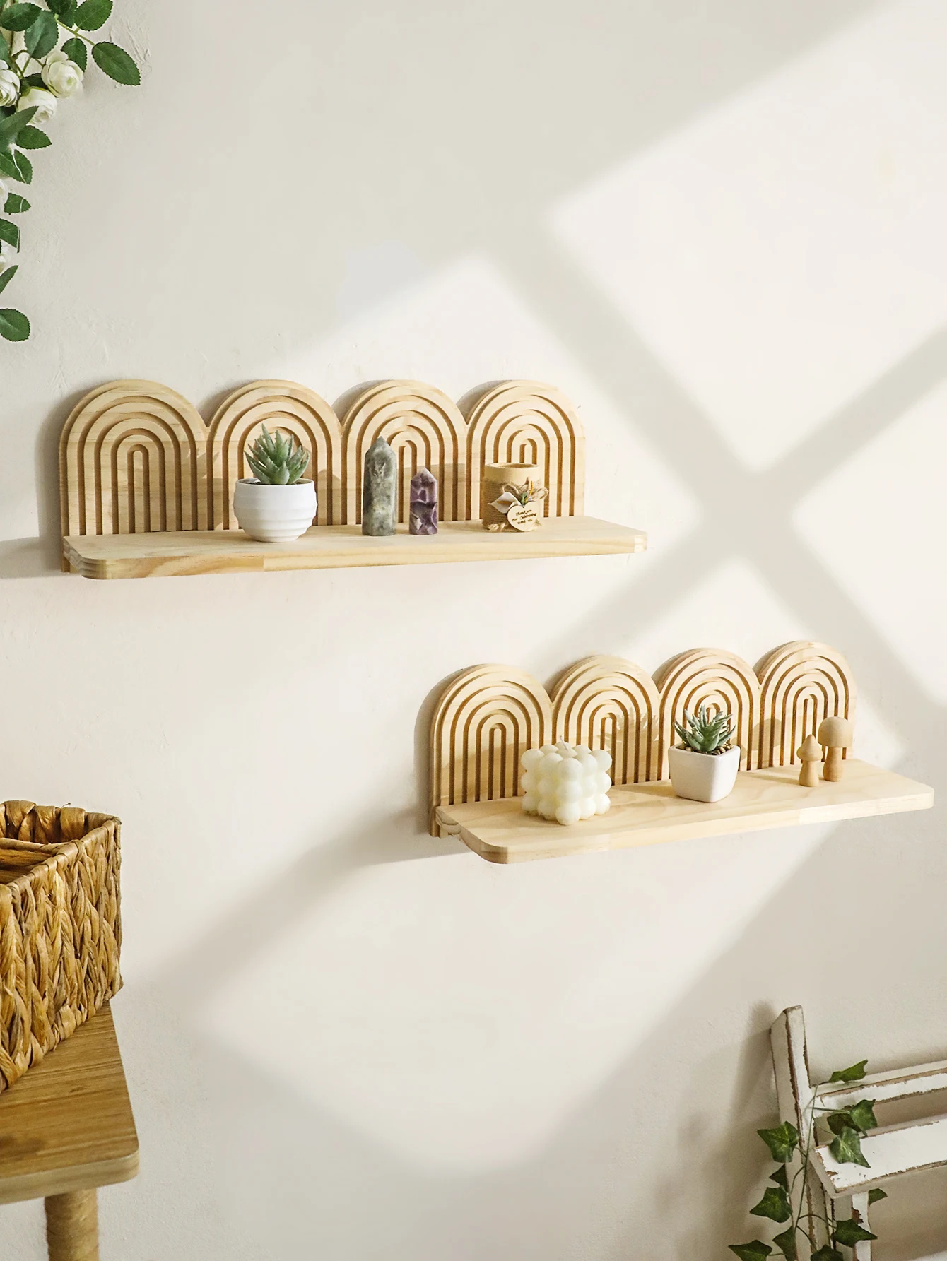 1pc Rustic Wooden Wall Mounted Shelves, Rainbow Arch Design, Decorative Display Racks for Succulents, Crystals & Home Decor Gift - Image 3