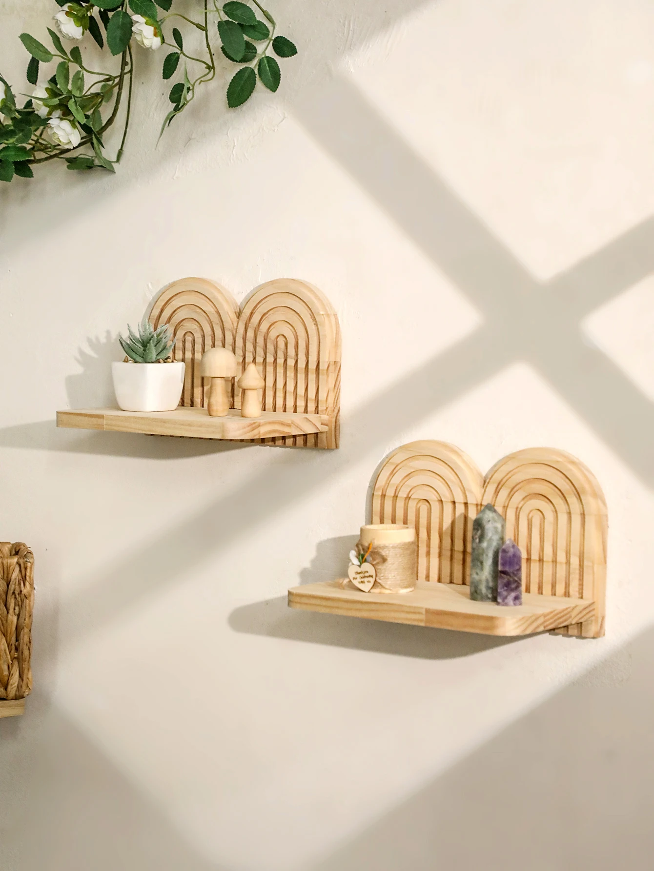 1pc Rustic Wooden Wall Mounted Shelves, Rainbow Arch Design, Decorative Display Racks for Succulents, Crystals & Home Decor Gift