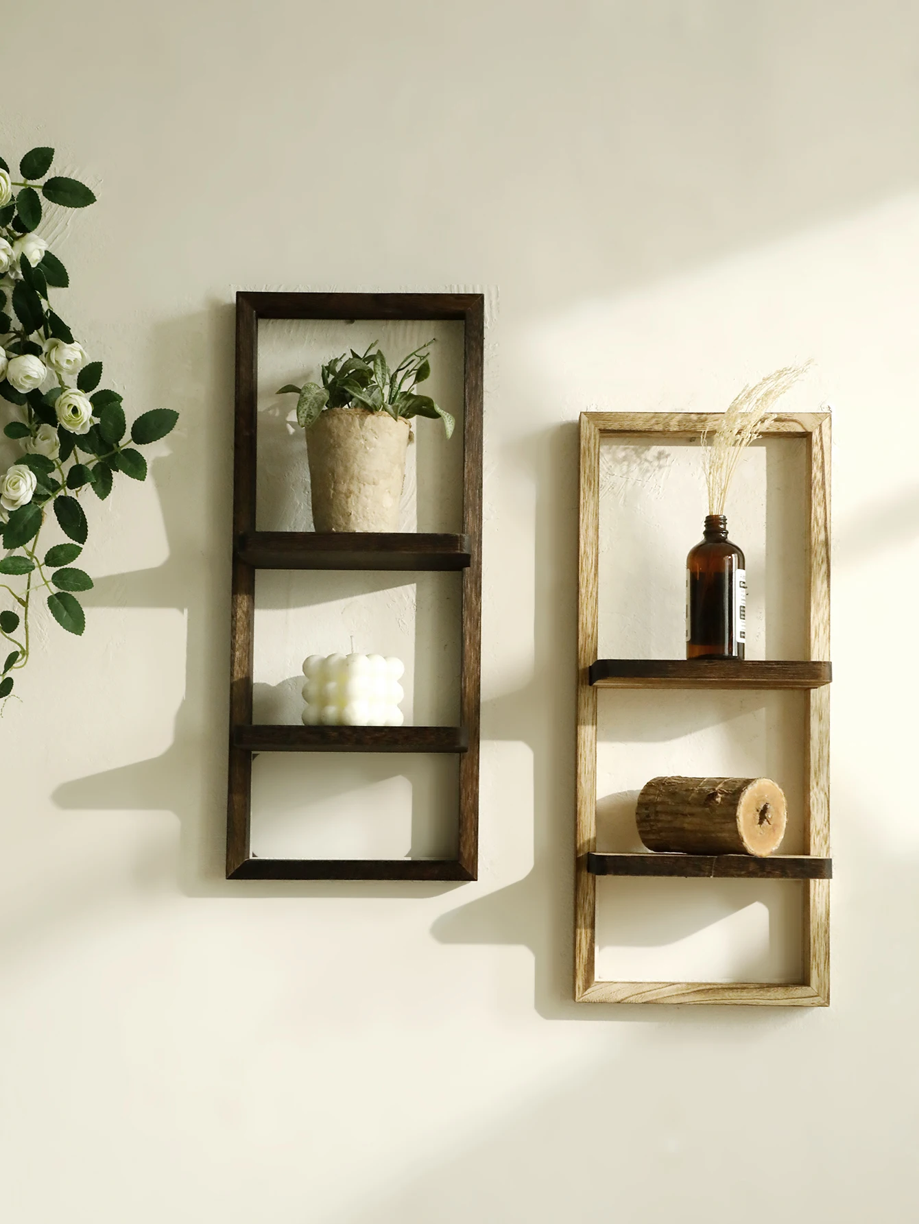 1pc Rustic Wooden Wall Shelves 2-tier Floating Shelf for Plants Decor Home Living Room Kitchen Bedroom Wall Mounted Display Rack - Image 2