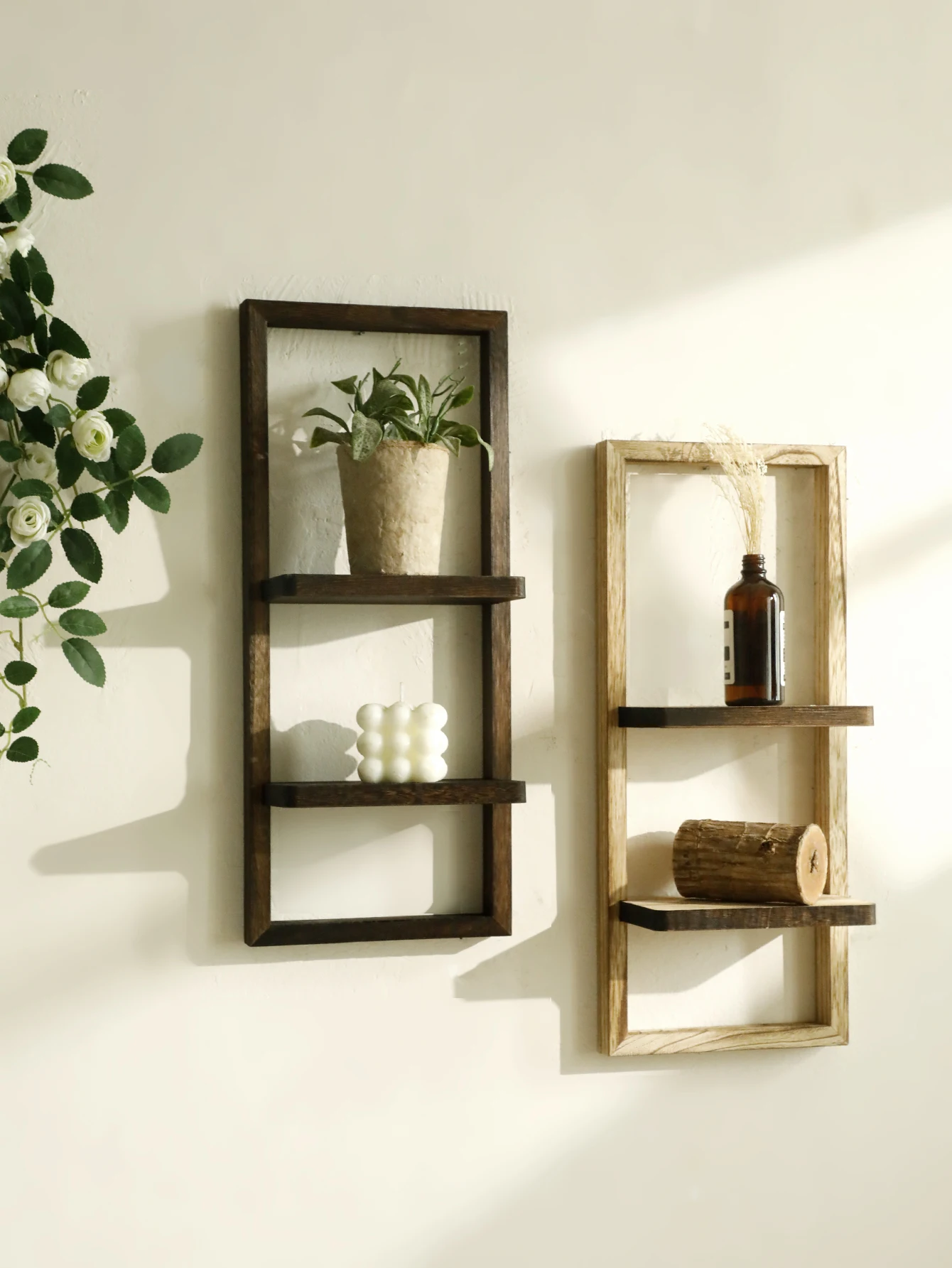1pc Rustic Wooden Wall Shelves 2-tier Floating Shelf for Plants Decor Home Living Room Kitchen Bedroom Wall Mounted Display Rack - Image 3
