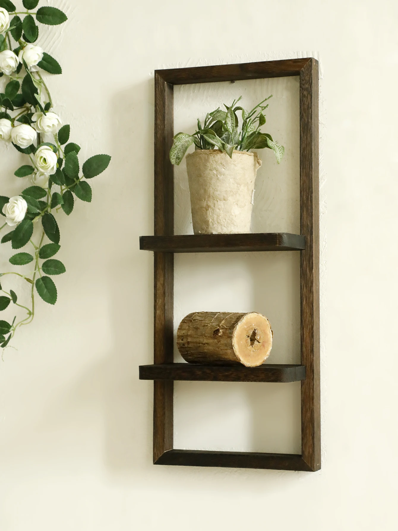 1pc Rustic Wooden Wall Shelves 2-tier Floating Shelf for Plants Decor Home Living Room Kitchen Bedroom Wall Mounted Display Rack - Image 4