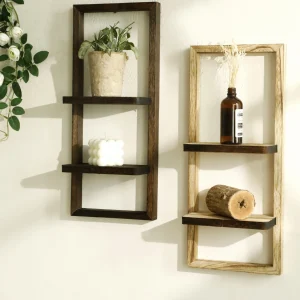 1pc Rustic Wooden Wall Shelves 2-tier Floating Shelf for Plants Decor Home Living Room Kitchen Bedroom Wall Mounted Display Rack