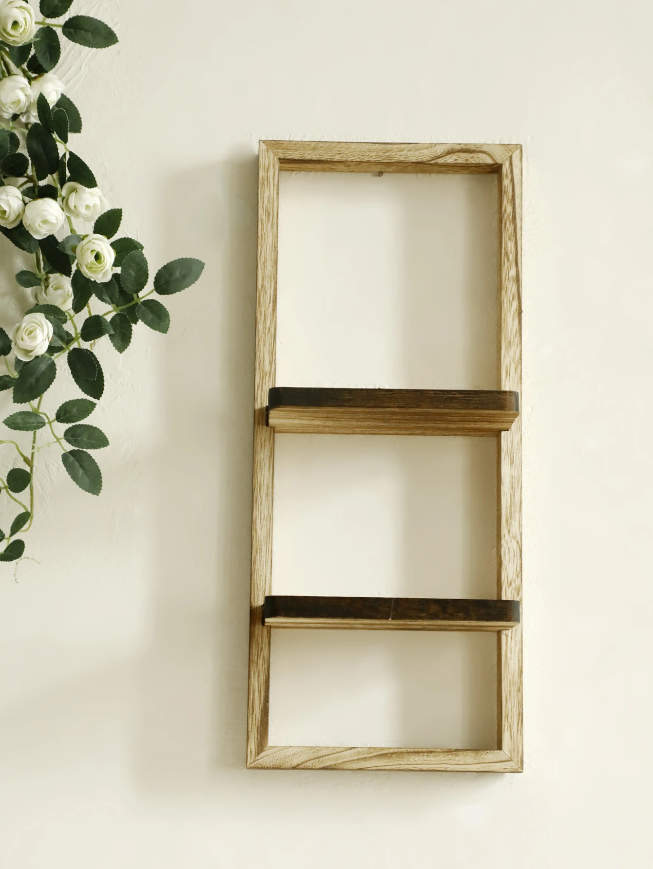 1pc Rustic Wooden Wall Shelves 2-tier Floating Shelf for Plants Decor Home Living Room Kitchen Bedroom Wall Mounted Display Rack - Image 5