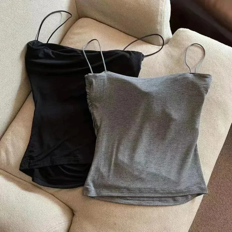 1pc Women'S Sleeveless Pleated Breathable Fit Vest Sexy Hot Girl Short Top With Bra Thin Shoulder Strap Solid Color Fashion Vest - Image 2