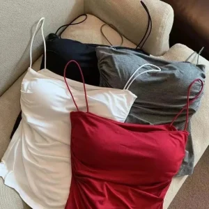 1pc Women'S Sleeveless Pleated Breathable Fit Vest Sexy Hot Girl Short Top With Bra Thin Shoulder Strap Solid Color Fashion Vest