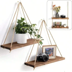 1pc Wood Hanging Shelve Swing Hanging Hemp Rope Wall Shelve Mounted Floating Home Living Room Plant Flower Pot Tray Storage