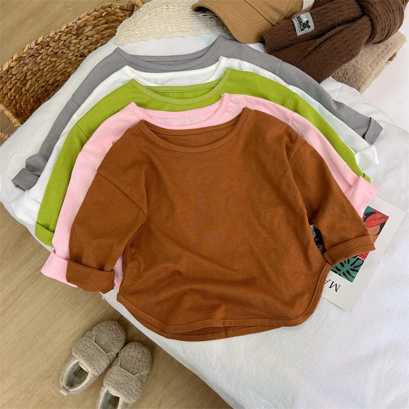1pcs Spring Autumn Children's Pure Cotton Long Sleeve T-shirts Solid Color Boys Girls Tops Kids Baby Leisure Tee Student Clothes - Image 2