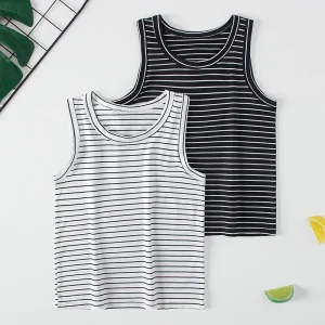 2-Pcs Children's Four Seasons Black And White Striped Vest Boy Leisure Sports Running Top Girl Basic Joker Fashion Bottoming Shi