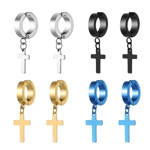 2 Pcs Stainless Steel Clip On Non Piercing Earrings For Women Men Black Gold Color Cross Gothic Punk Rock Drop Pendiente Jewelry