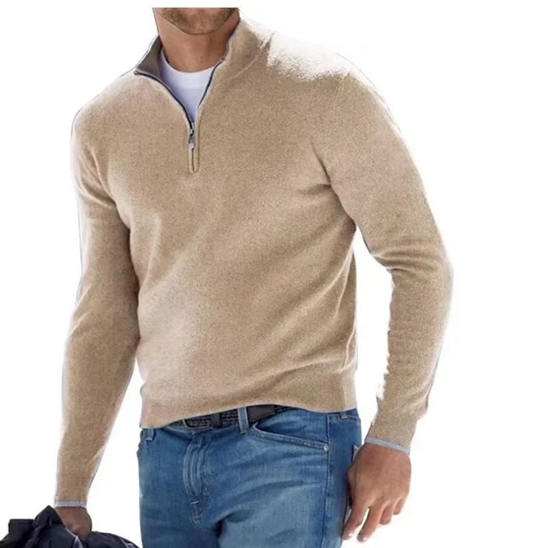 2024 Men's Autumn Long Sleeve V-neck Tops, New European and American Style Woolen Zipper Casual Business Slim Fit Polo Shirts - Image 2