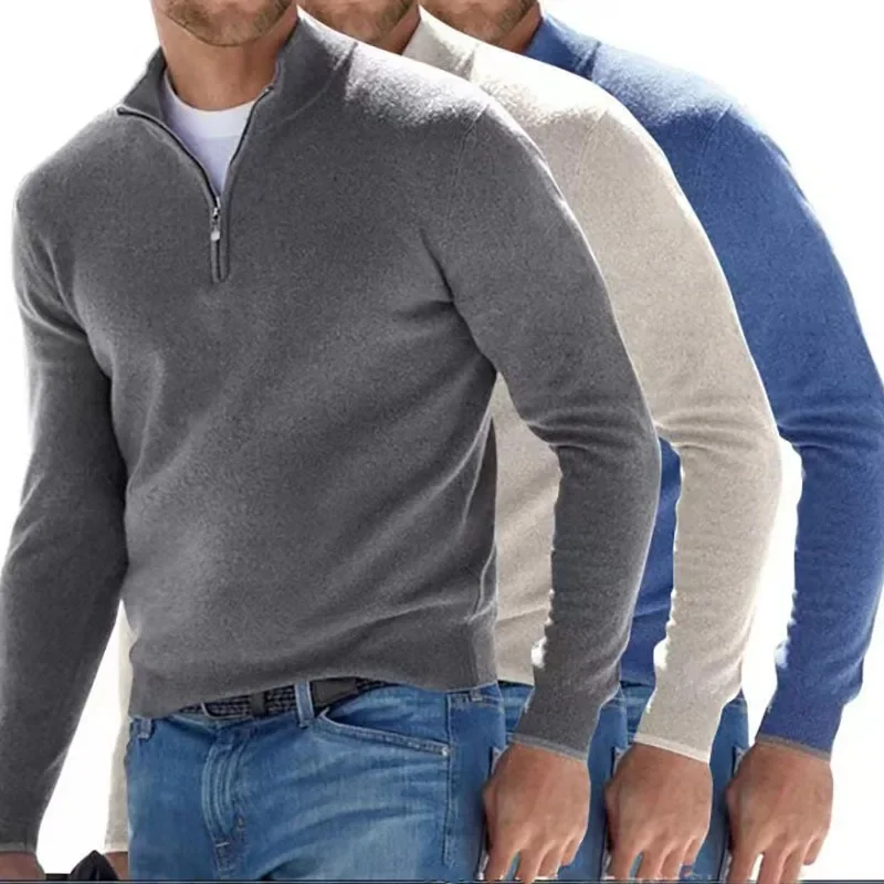 2024 Men's Autumn Long Sleeve V-neck Tops, New European and American Style Woolen Zipper Casual Business Slim Fit Polo Shirts - Image 3
