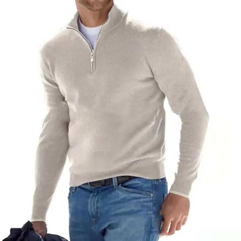 2024 Men's Autumn Long Sleeve V-neck Tops, New European and American Style Woolen Zipper Casual Business Slim Fit Polo Shirts - Image 4
