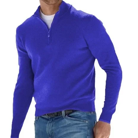 2024 Men's Autumn Long Sleeve V-neck Tops, New European and American Style Woolen Zipper Casual Business Slim Fit Polo Shirts - Image 5