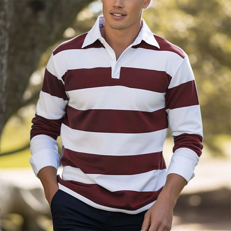 2025 Fashion Men's Stripe Long Sleeve Polo Shirt Breathable Casual Tops Slim Fit Quick Drying Classic Collar 3D Print Polo Shirt - Image 3