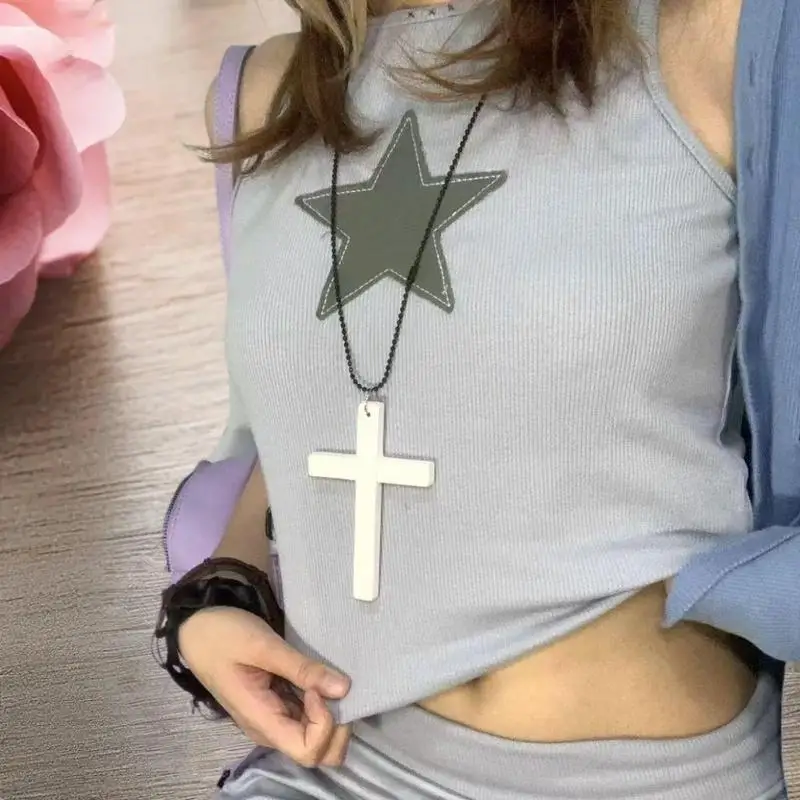 2025 New Cool Punk Gothic Wood Cross Pendant Necklace For Women Men Vintage Black White Hip Hop Y2k Necklace Party Jewelry Gift - Image 5