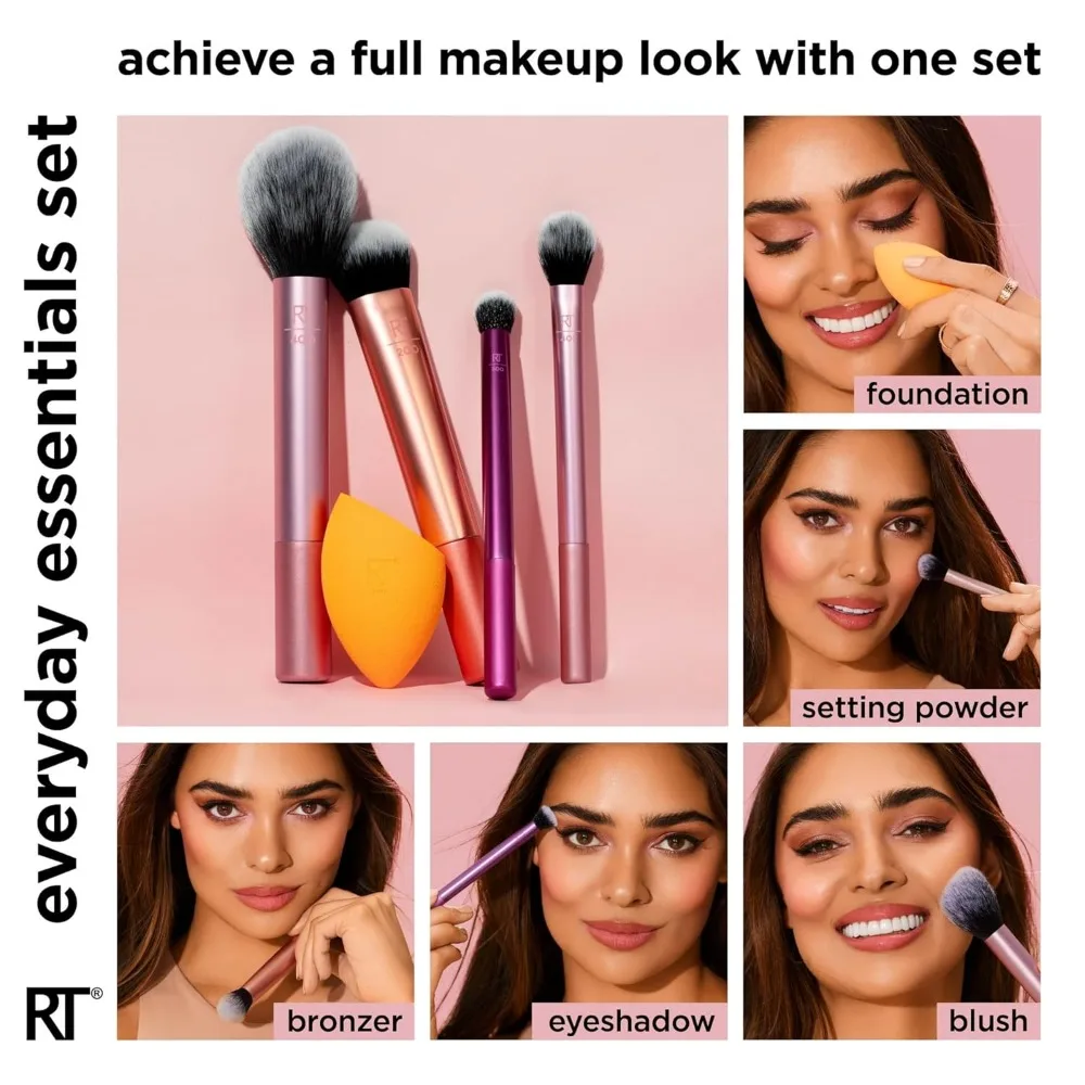 2025 Real Techniques 6 Piece Everyday Essentials Makeup Brush Set Sponges Blush Bronzer Contour Eyeshadow Powder Travel Gift Set - Image 2