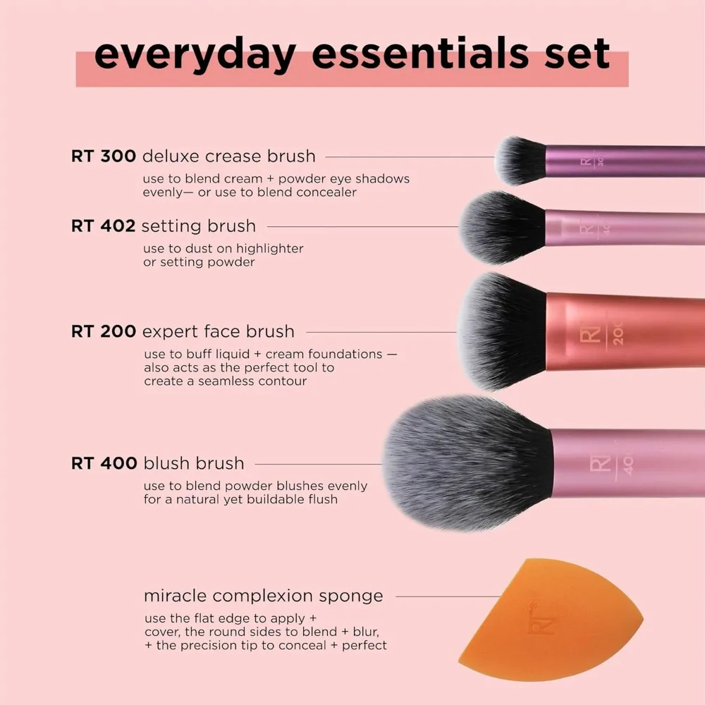 2025 Real Techniques 6 Piece Everyday Essentials Makeup Brush Set Sponges Blush Bronzer Contour Eyeshadow Powder Travel Gift Set - Image 4