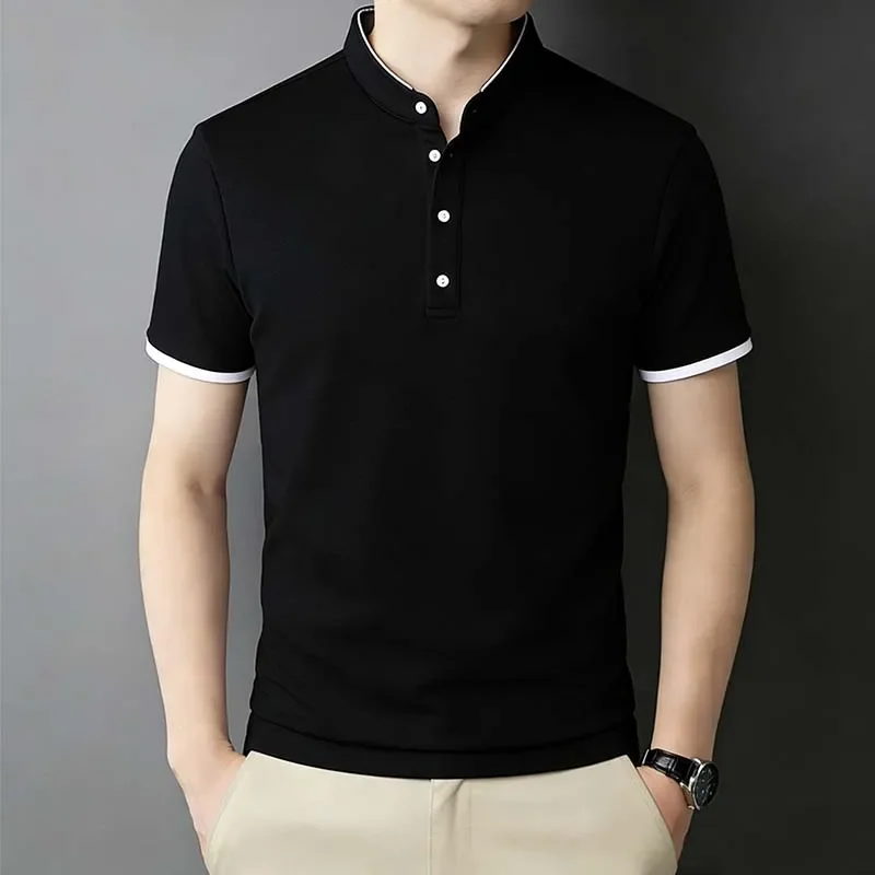 2026 New Men's Mandarin Collar Short Sleeve Polo Shirt Breathable Navy Blue Casual Top for Summer - Image 2