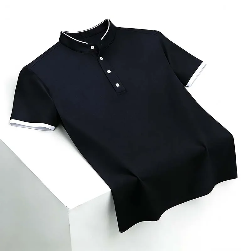 2026 New Men's Mandarin Collar Short Sleeve Polo Shirt Breathable Navy Blue Casual Top for Summer - Image 6