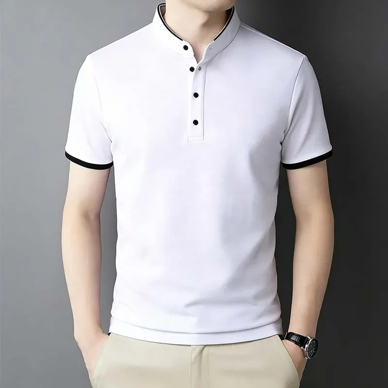 2026 New Men's Mandarin Collar Short Sleeve Polo Shirt Breathable Navy Blue Casual Top for Summer - Image 3