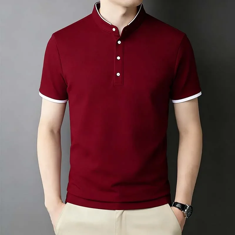 2026 New Men's Mandarin Collar Short Sleeve Polo Shirt Breathable Navy Blue Casual Top for Summer - Image 4