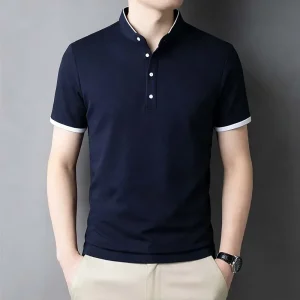 2026 New Men's Mandarin Collar Short Sleeve Polo Shirt Breathable Navy Blue Casual Top for Summer