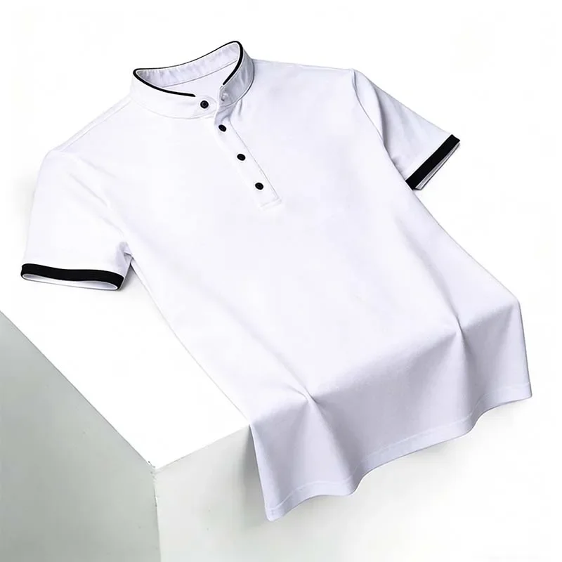 2026 New Men's Mandarin Collar Short Sleeve Polo Shirt Breathable Navy Blue Casual Top for Summer - Image 5