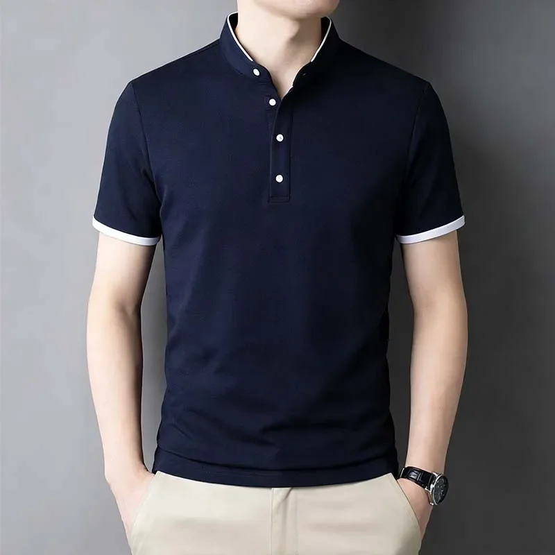 2026 New Men's Mandarin Collar Short Sleeve Polo Shirt Breathable Navy Blue Casual Top for Summer