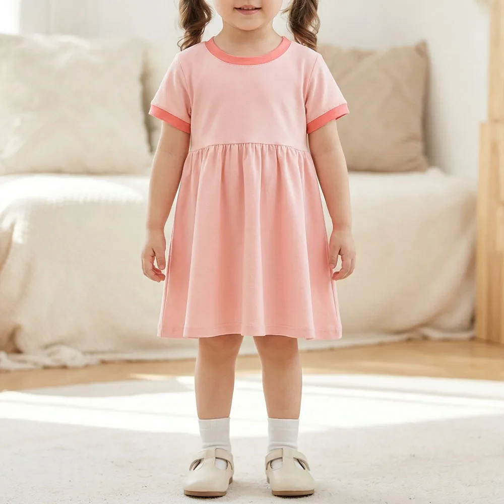2026 Summer Baby Girls Fashion A-line Dress Kids O Neck Short Sleeve T Shirt Dress Baby Girls Casual Dresses Beach Clothes New
