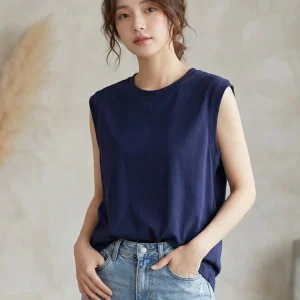 2026 Summer Cotton O-Neck Sleeveless Vest Solid Color Ribbed Cuff Women's Tank Top Loose Casual Versatile Solid Color Camisole