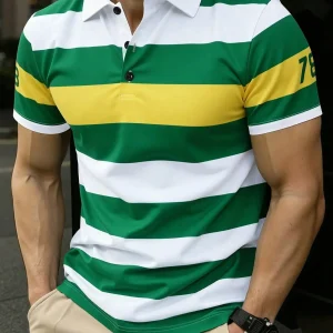2026 Summer Men's Polo Shirt with Stripes Print Breathable Lightweight Casual Fashionable Outdoor Men's Clothing
