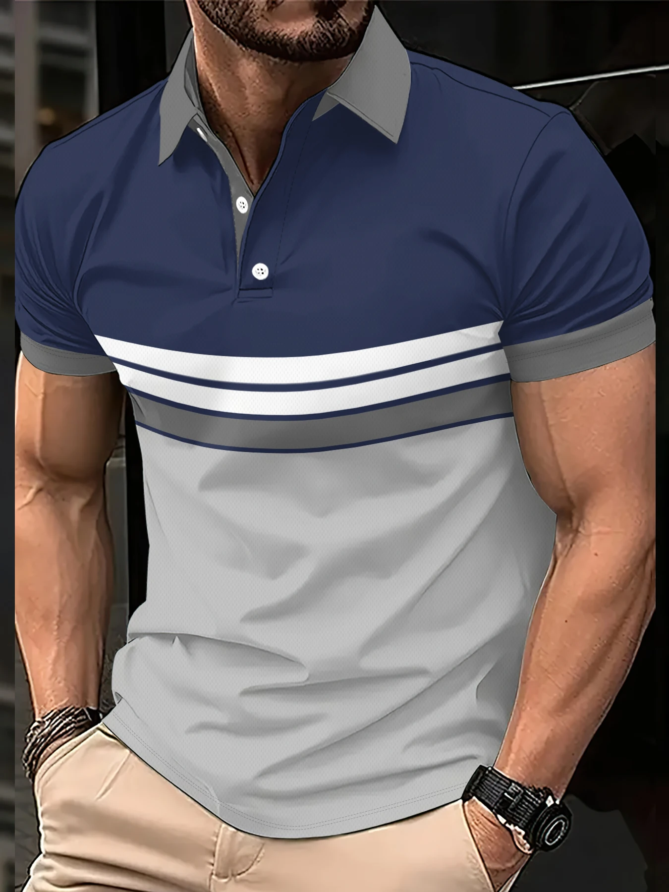 2026 Summer Men's Polo Shirt with Stripes Print Breathable Lightweight Casual Fashionable Outdoor Men's Clothing - Image 3