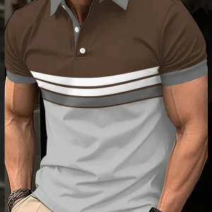 2026 Summer Men's Polo Shirt with Stripes Print Breathable Lightweight Casual Fashionable Outdoor Men's Clothing