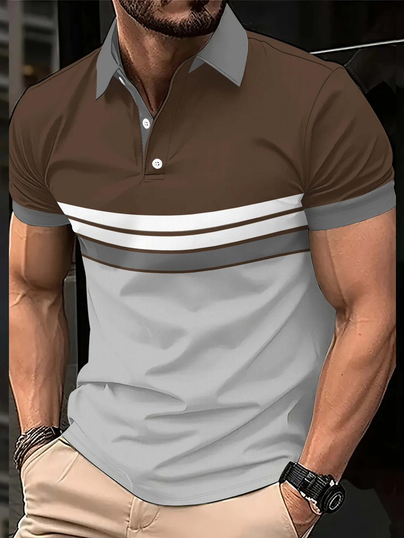 2026 Summer Men's Polo Shirt with Stripes Print Breathable Lightweight Casual Fashionable Outdoor Men's Clothing