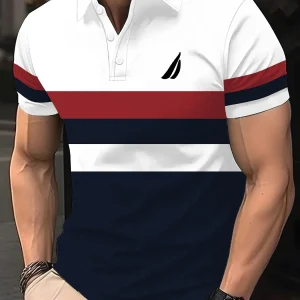 2026 Summer Men's Polo Shirt with Stripes Print Breathable Lightweight Casual Fashionable Outdoor Men's Clothing