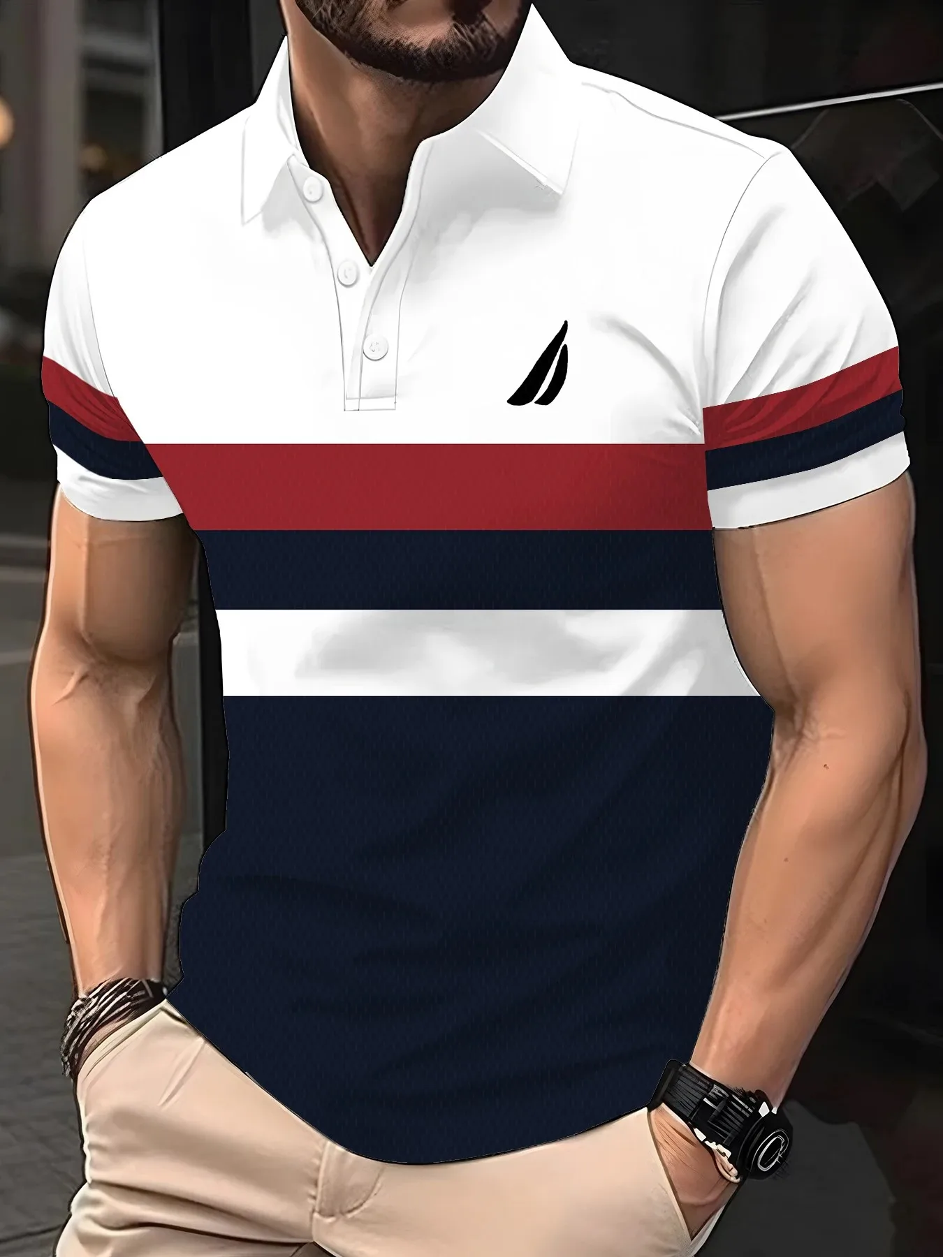 2026 Summer Men's Polo Shirt with Stripes Print Breathable Lightweight Casual Fashionable Outdoor Men's Clothing