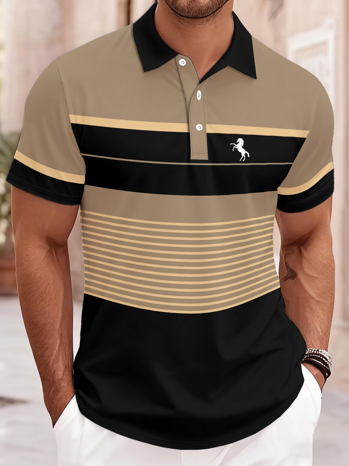 2026 Summer Men's Polo Shirt with Stripes Print Breathable Lightweight Comfortable Casual and Fashionable Men's Clothing