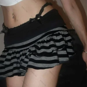 2026 Summer New Women's Wear Y2K Grunge Black and Grey Striped Ruffle Mini Skirt High Waist Elastic Waist Tight A-line Skirt